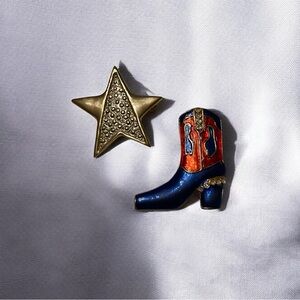 🤠✨ Vintage Western Glam Brooch Set – Boot & Star